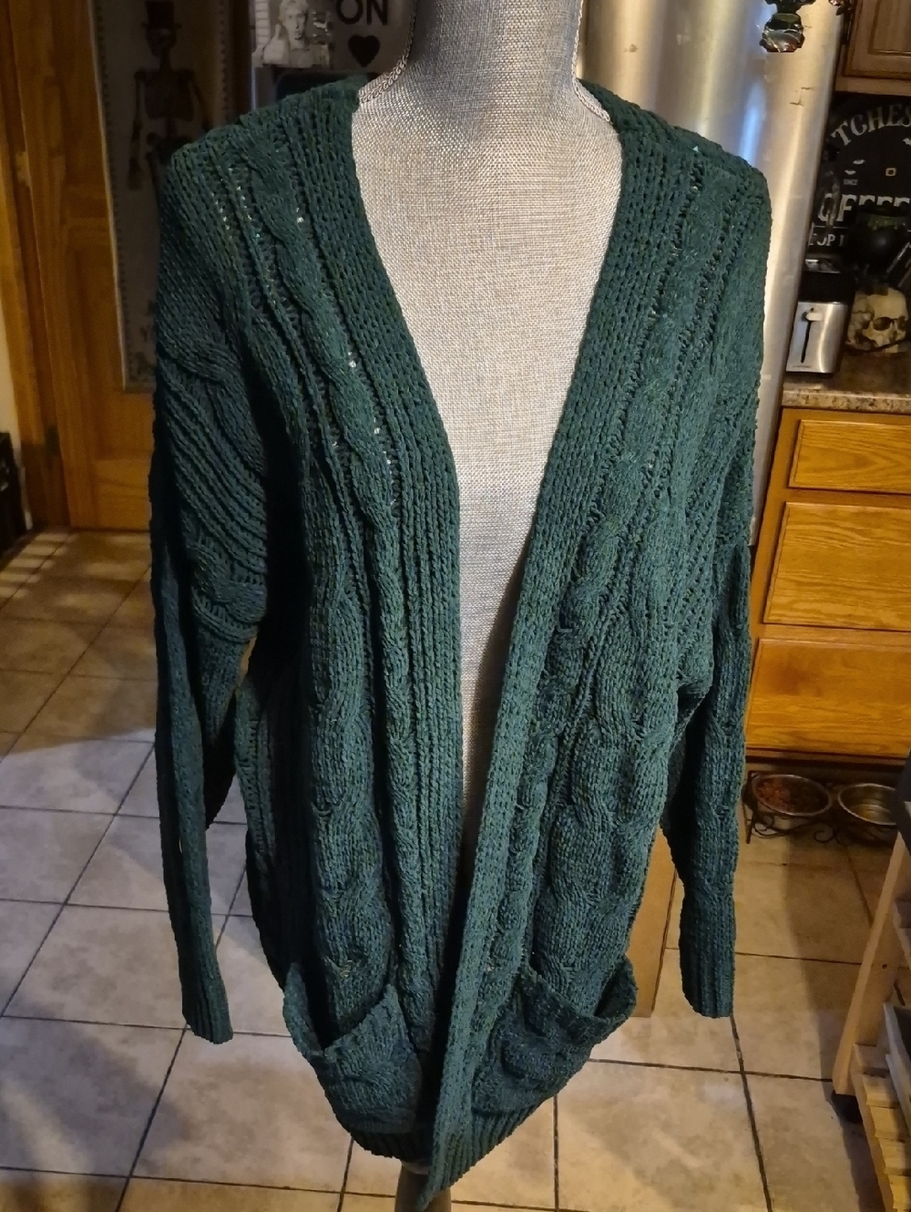 Open-Front Cable Knit Cardigan Sweater - Dark Green